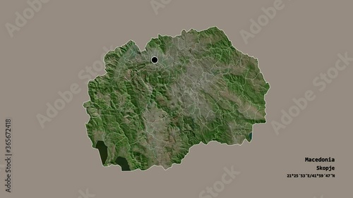 Radoviš, municipality of Macedonia, with its capital, localized, outlined and zoomed with informative overlays on a satellite map in the Stereographic projection. Animation 3D photo