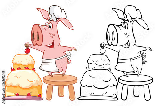 Vector Illustration of a Cute Cartoon Character Pig for you Design and Computer Game. Coloring Book Outline Set 