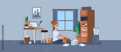 Woman sitting on the floor and doing cleaning a dirty workspace or workroom at home, work from home cleanup and space organizing concept, vector illustration in flat style.