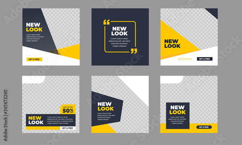 Set of Editable square banner template. Black and yellow background color with stripe line shape. Suitable for social media post, instagram and web internet ads. Vector illustration with photo college