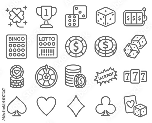 Lotto Casino icon set vector illustration. Contains such icon as Card game, Casino chip, Jackpot, Dice, Slot, Lucky draw and more. Expanded Stroke