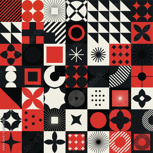 Modern geometric pattern with bold simple shapes in Bauhaus and Neo-memphis retrofuturistic style. Trendy vivid fashion print with minimal composition.