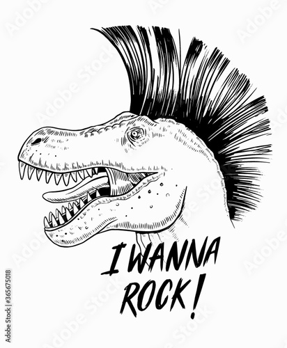 Rock fan dinosaur vector  illustration with I wanna Rock! slogan graphic, for t-shirt and other uses.