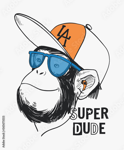 Vector monkey drawing with headphone, hat and sunglasses illustration. Super dude slogan graphic for t-shirt and other uses. 