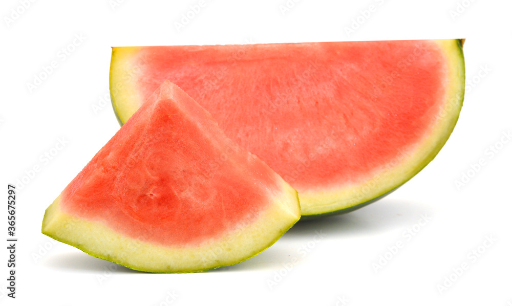 closeup of some pieces of refreshing watermelon on a white background closeup of some pieces of refreshing watermelon on a white background
