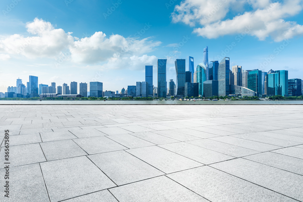 Empty floor and modern city skyline with buildings in Shanghai,China.