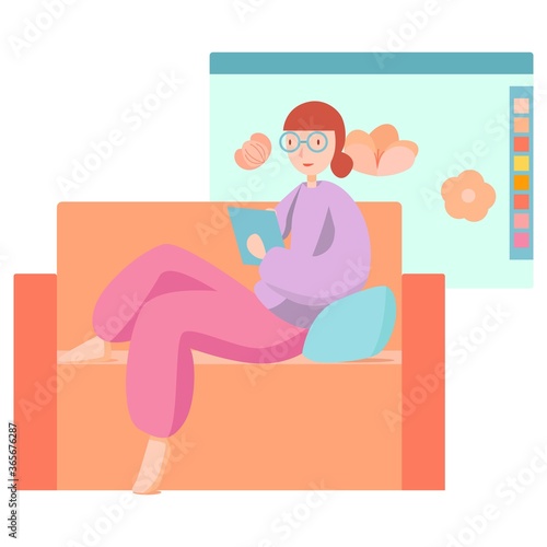 Work from Home colorful illustration. Pinky female character on a sofa. Artist working on an ipad. Flat style illustration.