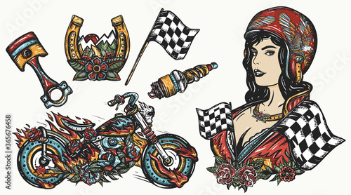 Bikers set. Color tattoo collection. Burning motorcycle, rider sport woman. Pin up girl, spark plug, moto bike. Vector graphic elements. Lifestyle of racers. Traditional tattooing style