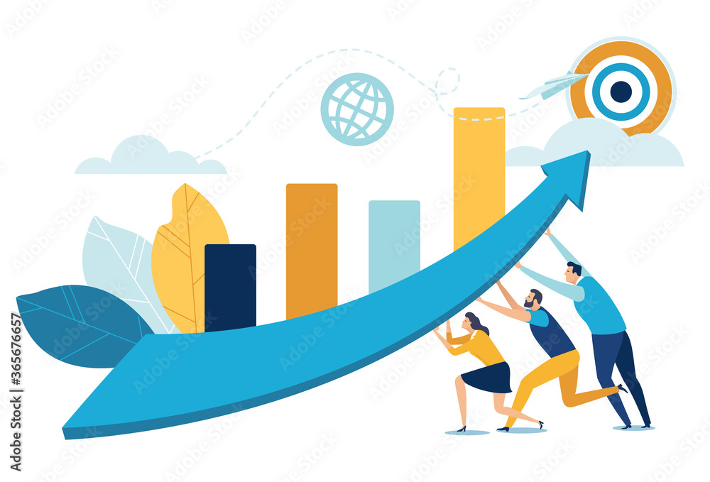 Aim at the target. Growth, teamwork - business vector illustration.