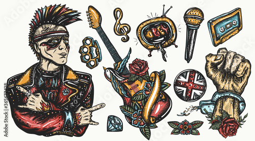 Punk music set. Color graphics elements. Tattoo vector collection. Punker with mohawk hairstyle, hard rock man. Hooligans lifestyle. Electric guitar. Anarchy art. Rock. Traditional tattooing