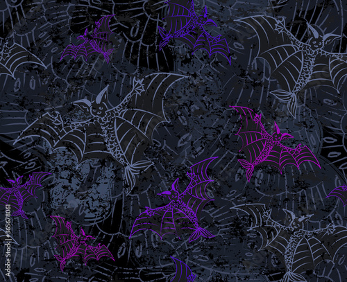 Bats seamless pattern in purple and black colors. Halloween background with fantasy frightful creature with fish tale 