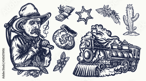 Wild West. Old school tattoo vector collection. Digger, steam train. USA art. Western concept. American history. Traditional tattooing style