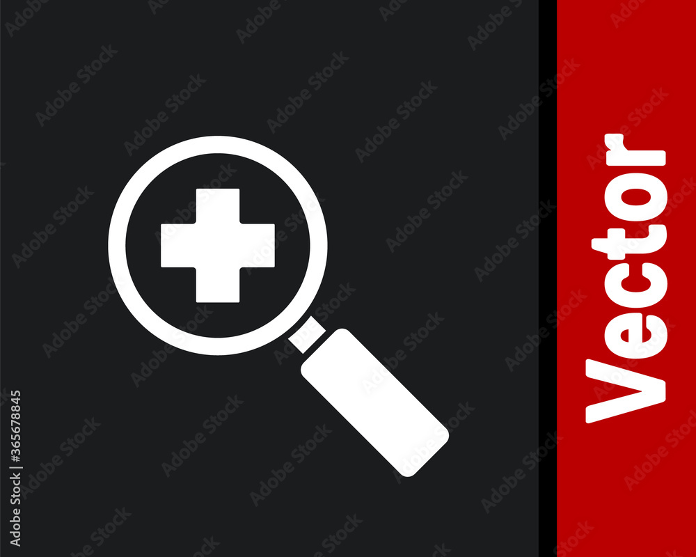 Fototapeta premium White Magnifying glass for search medical icon isolated on black background. Hospital search. Vector Illustration.