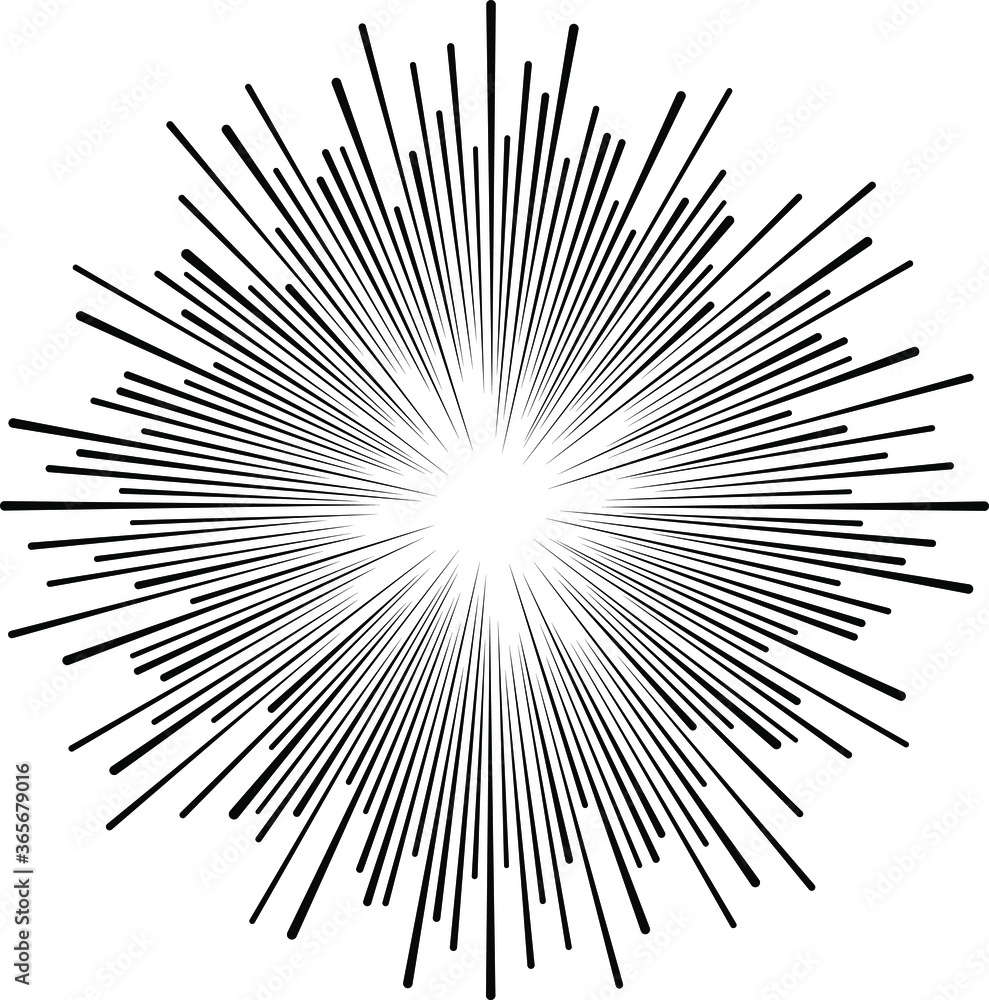 Fototapeta premium Black radial speed lines. Round form. Explosion background. Star rays. Sunburst. Fireworks. Handwritten design element for frames, prints, tattoo, web, template, logo, and comic books