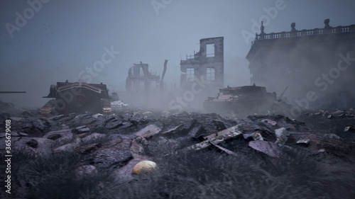 Military tanks from the second world war lie smashed on the battlefield next to human remains and the ruins of houses. The concept of war and the Apocalypse. 3D Rendering photo