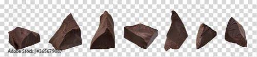 Cracked chocolates / broken chocolate chips or chocolate parts from top view on isolated background	 photo