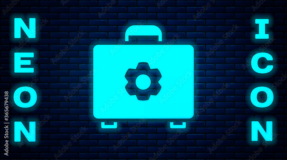 Glowing neon Toolbox icon isolated on brick wall background. Tool box sign. Vector Illustration. Glowing neon Toolbox icon isolated on brick wall background. Tool box sign. Vector Illustration.