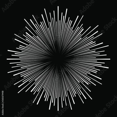 White radial speed lines. Round form. Explosion background. Star rays. Sunburst. Fireworks. Handwritten design element for frames, prints, tattoo, web, template, logo, and comic books
