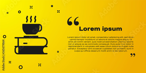 Black Coffee cup and book icon isolated on yellow background. Tea cup. Hot drink coffee. Vector Illustration.