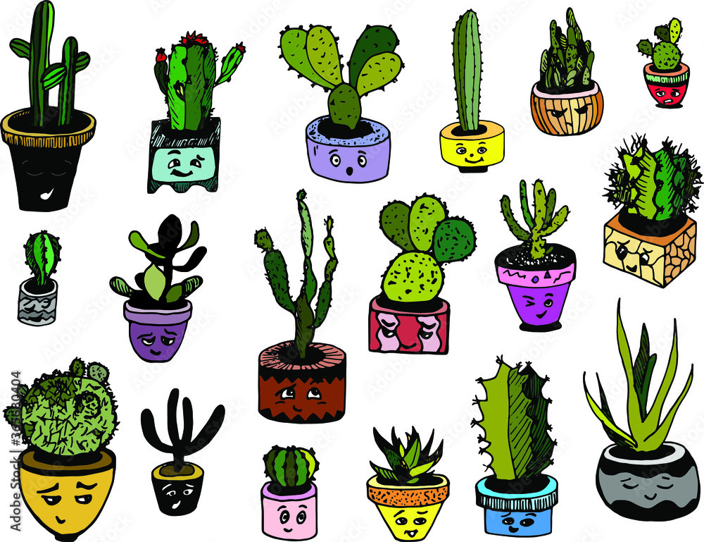 Vector set of cute home cactuses. Hand-drawn stickers Vector set of cute home cactuses. Hand-drawn stickers