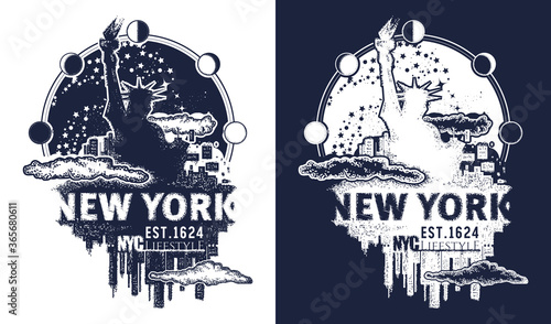 New York slogan. Statue of liberty t-shirt design. City skyline cityscape art poster. Black and white vector graphics