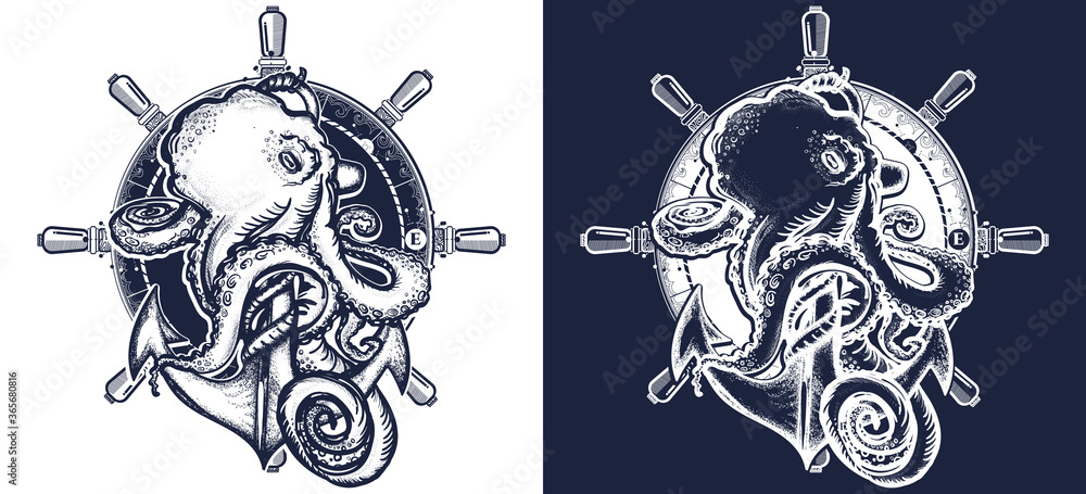 Octopus, Steering Wheel Ship And Anchor Tattoo. Symbol Of A Sea Adventure,  Ocean, Tourism T-Shirt Design. Black And White Vector Graphics Stock Vector  | Adobe Stock