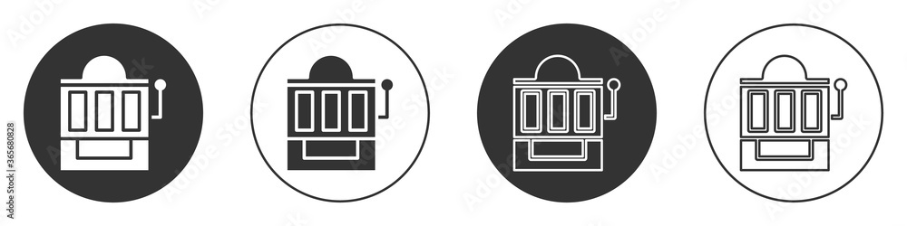 Black Slot machine icon isolated on white background. Circle button. Vector Illustration. Black Slot machine icon isolated on white background. Circle button. Vector Illustration.