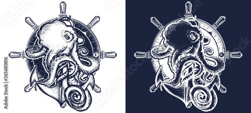 Octopus, steering wheel ship and anchor tattoo. Symbol of a sea adventure, ocean, tourism t-shirt design. Black and white vector graphics