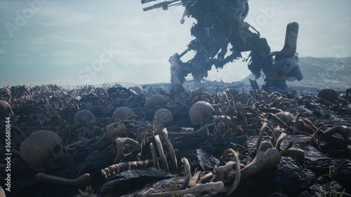 Military mech are walking on a battlefield covered with human bones and skulls. The concept of the future Apocalypse. 3D Rendering