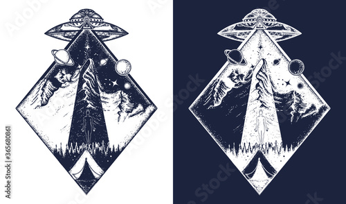 UFO tattoo art and t-shirt design. Invasion of aliens. Alien kidnap human. Mystical symbol paranormal phenomena, first contact. Black and white vector graphics