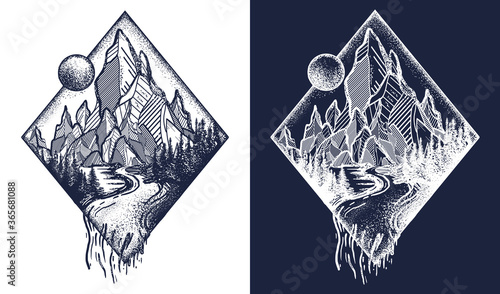 Mountain and river tattoo and t-shirt design. Meditation symbols, travel, tourism. Outdoors and tourism concept. Black and white vector graphics