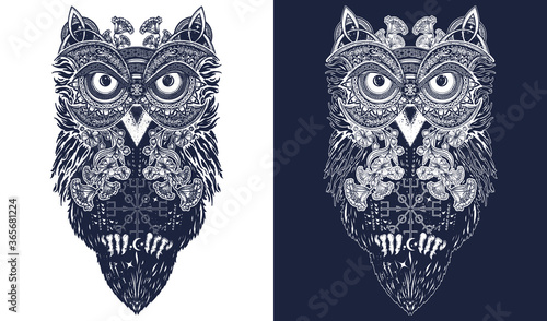 Owl tattoo art celtic style t-shirt design. Owl tattoo symbol of wisdom, meditation, thinking. Black and white vector graphics