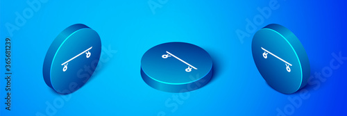 Isometric Longboard or skateboard cruiser icon isolated on blue background. Extreme sport. Sport equipment. Blue circle button. Vector Illustration.