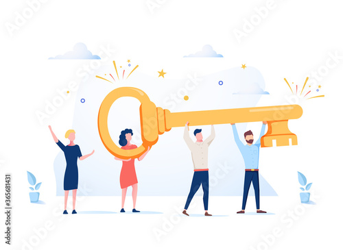 Vector illustration of the concept of teamwork. Businessman and entrepreneur go to the door with a key. Teamwork, key