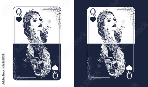 Queen playing card tattoo and t-shirt design. Gothic symbol of gamblings, tarot cards, success and defeat, casino, poker. Black and white vector graphics