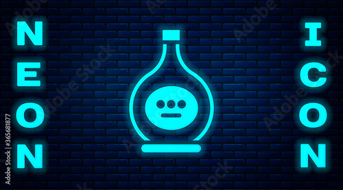 Glowing neon Bottle of cognac or brandy icon isolated on brick wall background. Vector Illustration.