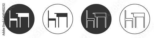 Black School table and chair of classroom icon isolated on white background. School desk. Circle button. Vector Illustration.