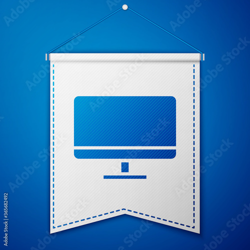 Blue Computer monitor screen icon isolated on blue background. Electronic device. Front view. White pennant template. Vector Illustration.
