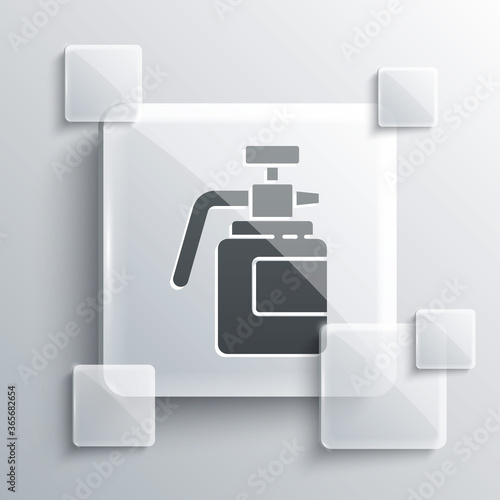 Grey Garden sprayer for water, fertilizer, chemicals icon isolated on grey background. Square glass panels. Vector Illustration.