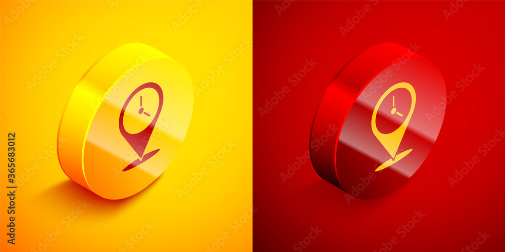 Isometric Location with clock icon isolated on orange and red background. Circle button. Vector Illustration.