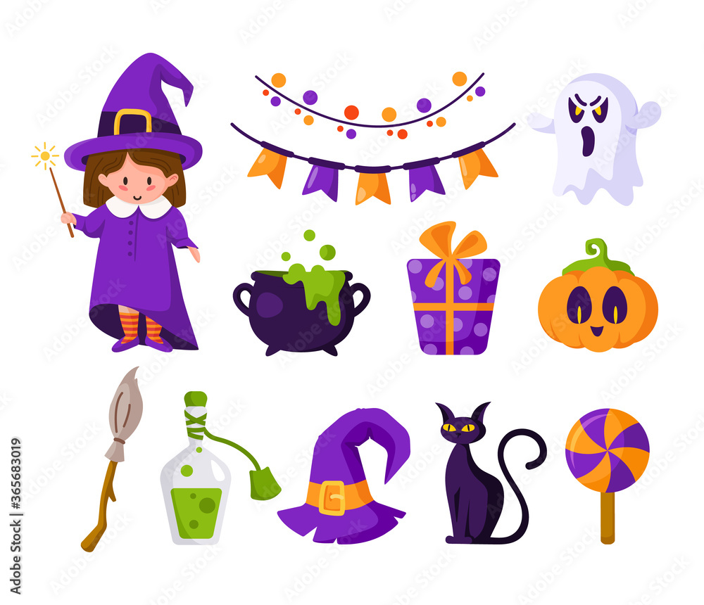 Halloween cartoon set - girl in halloween costume of witch, cute pumpkin, candy, scary creepy ghost, black cat, cauldron and potion, festive flags, violet gift box, holiday symbols - isolated vector
