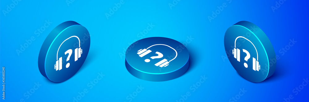 Isometric Headphones icon isolated on blue background. Support customer service, hotline, call center, faq, maintenance. Blue circle button. Vector Illustration. Isometric Headphones icon isolated on blue background. Support customer service, hotline, call center, faq, maintenance. Blue circle button. Vector Illustration.