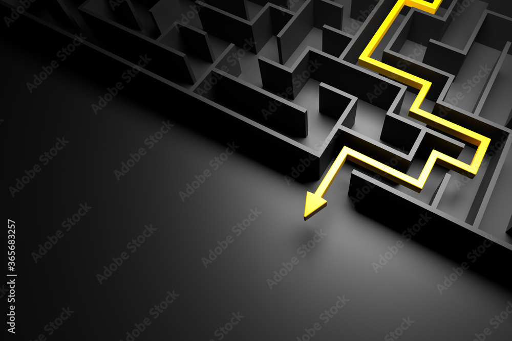 © Andreas Prott - 3d rendering: Concept - solving a complex problem. Black maze and floor with yellow solution path with arrow. Low key image.