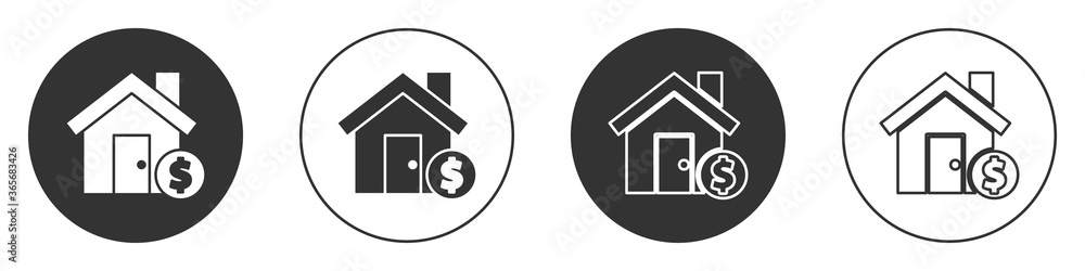 Black House with dollar symbol icon isolated on white background. Home and money. Real estate concept. Circle button. Vector Illustration. Black House with dollar symbol icon isolated on white background. Home and money. Real estate concept. Circle button. Vector Illustration.