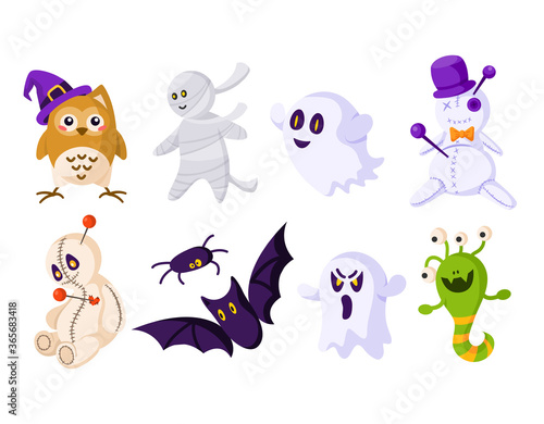 Halloween cartoon set - voodoo doll, scary ghost, mummy, owl in hat, funny monster, spider and bat - traditional holiday symbols isolated on white vector illustration