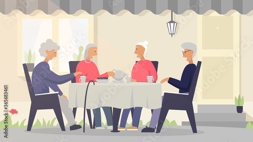Two senior couples having a dinner on the front lawn of the house. Vector concept illustration of happy smiling elderly people communicating and drinking tea at the table outdoor in cozy atmosphere
