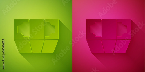 Paper cut Stacks paper money cash icon isolated on green and pink background. Money banknotes stacks. Bill currency. Paper art style. Vector Illustration.