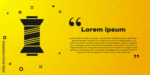 Black Sewing thread on spool icon isolated on yellow background. Yarn spool. Thread bobbin. Vector Illustration.