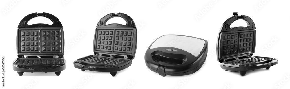Set with modern electric waffle makers on white background. Banner design Set with modern electric waffle makers on white background. Banner design