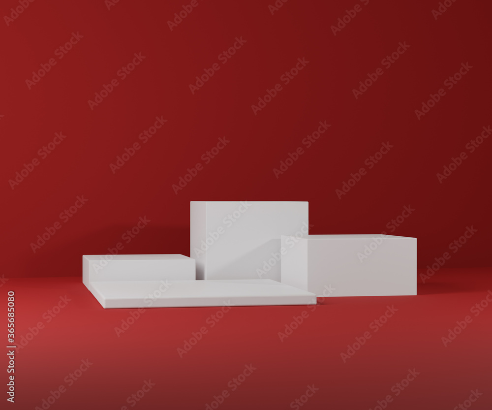 Mockup podium for product presentation, winner podium, white box podium stage with red background, 3d render, 3d illustration Mockup podium for product presentation, winner podium, white box podium stage with red background, 3d render, 3d illustration